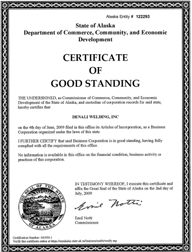 Example of an Alaska (AK) Good Standing Certificate