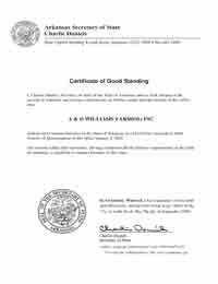 Example of an Arkansas (AR) Good Standing Certificate