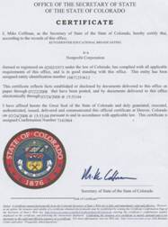 Example of a Colorado (CO) Good Standing Certificate