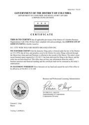 Example of a District of Columbia (DC) Good Standing Certificate