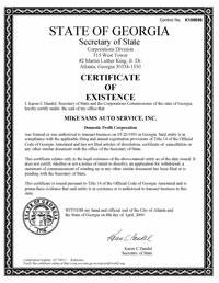 Example of a Georgia (GA) Good Standing Certificate