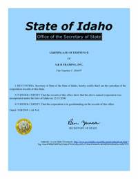Example of an Idaho (ID) Good Standing Certificate