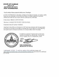 Example of a Kansas (KS) Good Standing Certificate