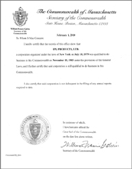 Example of a Massachusetts (MA) Good Standing Certificate