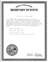 Example of a Minnesota (MN) Good Standing Certificate
