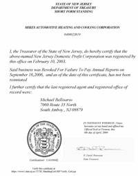 Example of a New Jersey (NJ) Good Standing Certificate