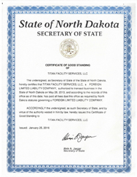 Example of a North Dakota (ND) Good Standing Certificate