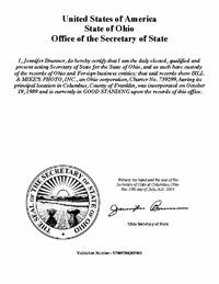 Example of an Ohio (OH) Good Standing Certificate