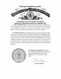 Example of an Oklahoma (OK) Good Standing Certificate