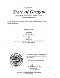 Example of an Oregon (OR) Good Standing Certificate