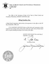 Example of a Rhode Island (RI) Good Standing Certificate