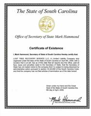 Example of a South Carolina (SC) Good Standing Certificate