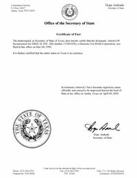 Example of a Texas (TX) Good Standing Certificate
