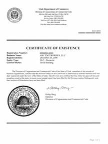 Example of a Utah (UT) Good Standing Certificate