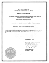 Example of a Vermont (VT) Good Standing Certificate
