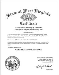 Example of a West Virginia (WV) Good Standing Certificate