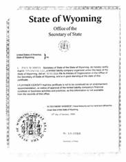 Example of a Wyoming (WY) Good Standing Certificate