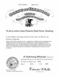 Illinois Good Standing Certificate Illinois Certificate of Existence