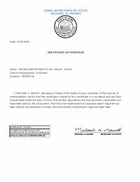 Example of an Iowa (IA) Good Standing Certificate