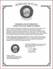 Nevada Good Standing Certificate Nevada Certificate of Existence
