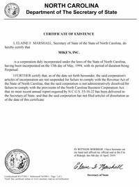 North Carolina Good Standing Certificate NC Certificate of Existence