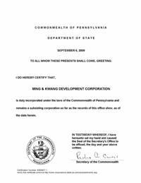 Example of a Pennsylvania (PA) Good Standing Certificate
