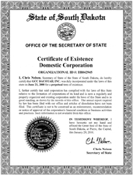 Example of a South Dakota (SD) Good Standing Certificate