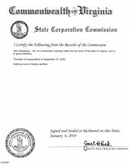 Example of a Virginia (VA) Good Standing Certificate